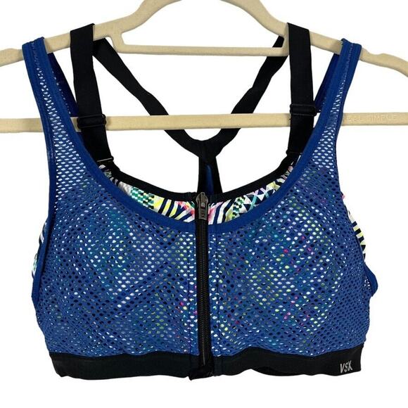 VSX Sport Victorias Secret Womens Blue Zip Front Mesh Wireless Padded Bra 34D - Picture 1 of 16